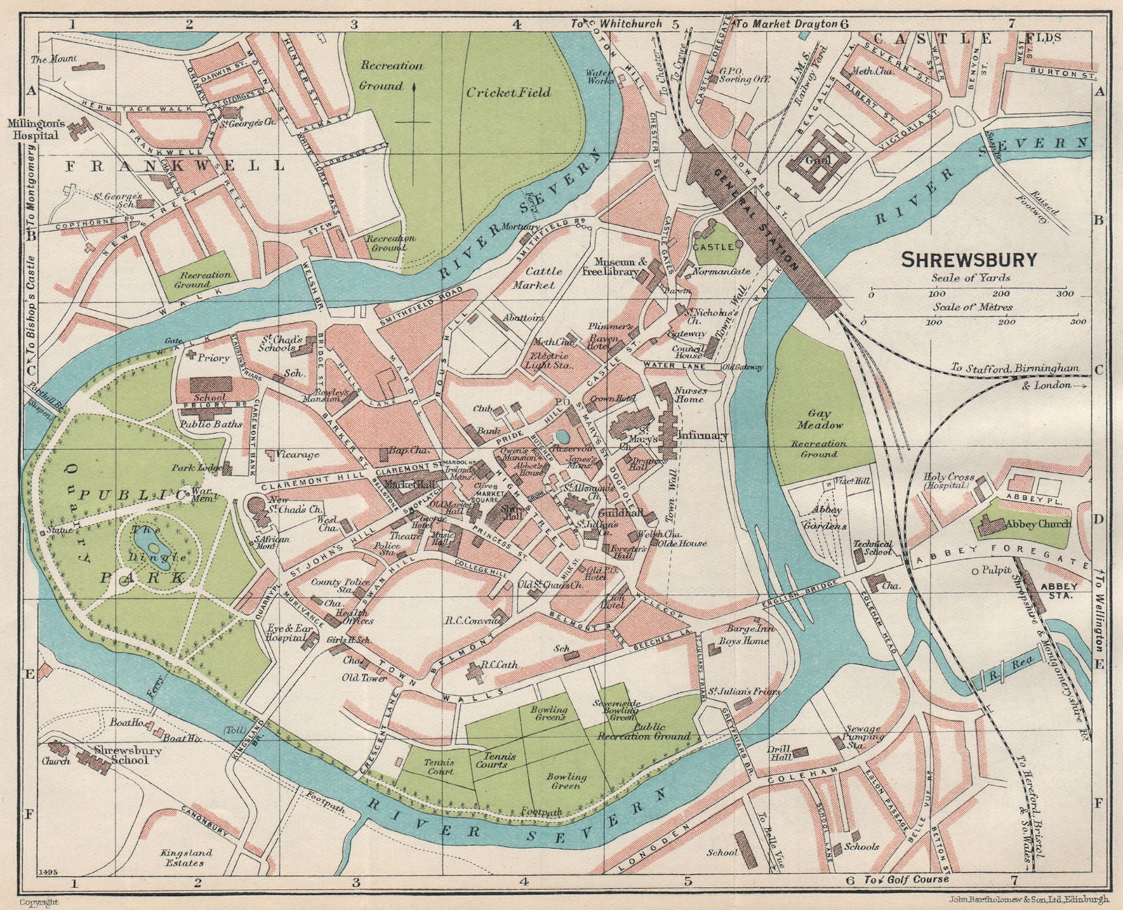 SHREWSBURY. Vintage town city map plan. Shropshire 1930 old vintage chart